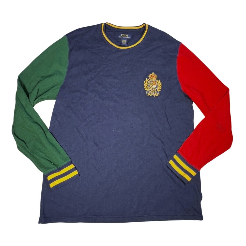 Polo Ralph Lauren Thermal Men XL Navy Colorblock Crest Waffle Sleepwear Shirt